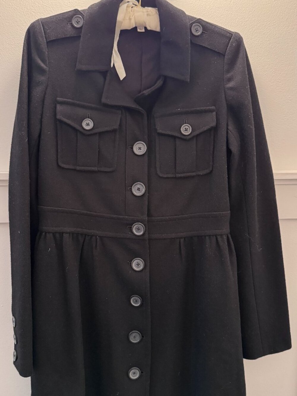 Joie Black Wool Coat, Fit Flare Military Button Front Jacket, Small, Like New - Picture 2 of 10